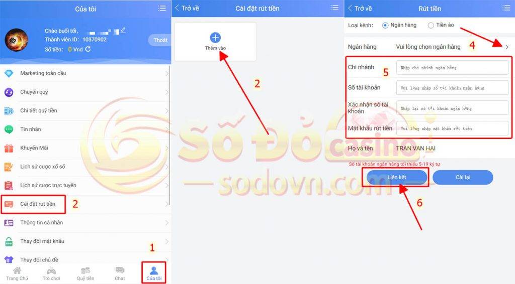 liên kết ngân hàng cho tài khoản sodo