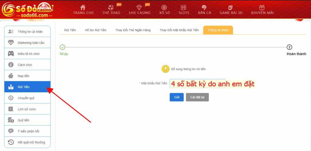 thêm mật khẩu rút tiền