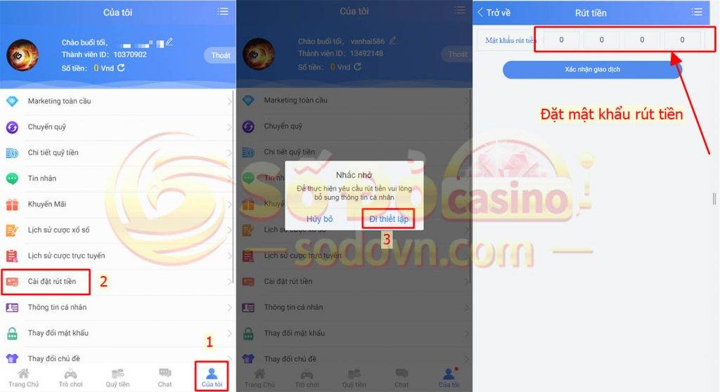 thiết lập mật khảu rút tiền